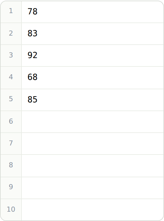 The DATA rail. Tabs for L1, L2 and L3; L1 is selected and holds 78, 83, 92, 68 and 85 in rows 1 to 5, with rows 6 to 10 empty.