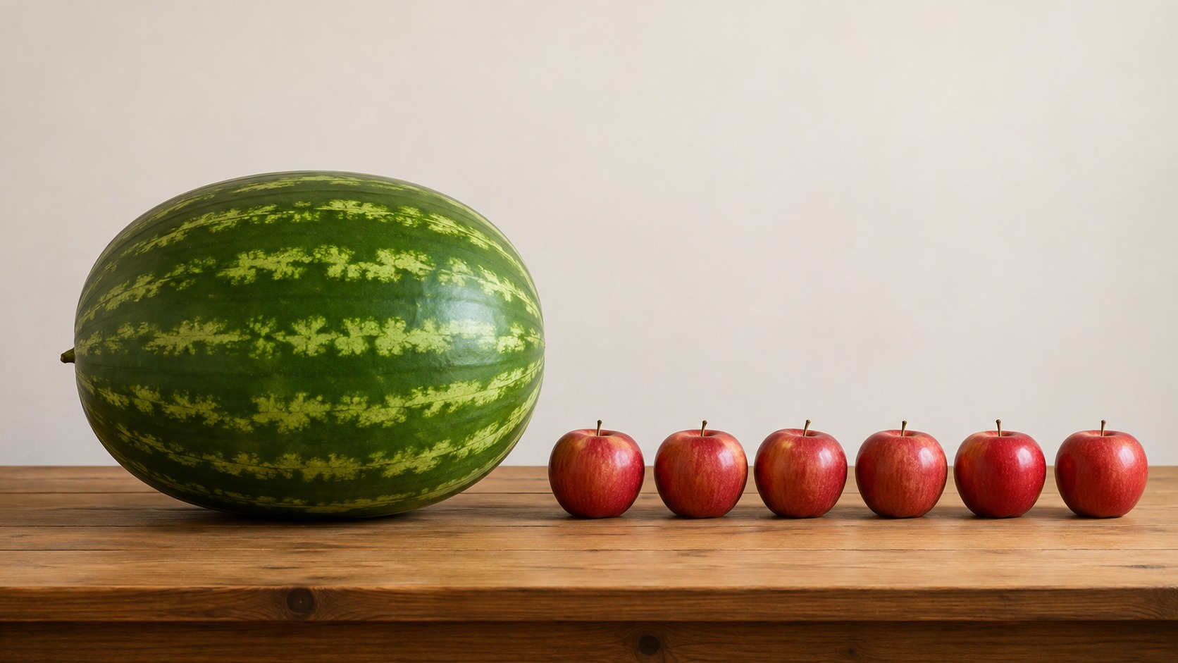 A large watermelon at one end of a wooden table beside six similar-sized apples in a row. One value is far larger than the rest.