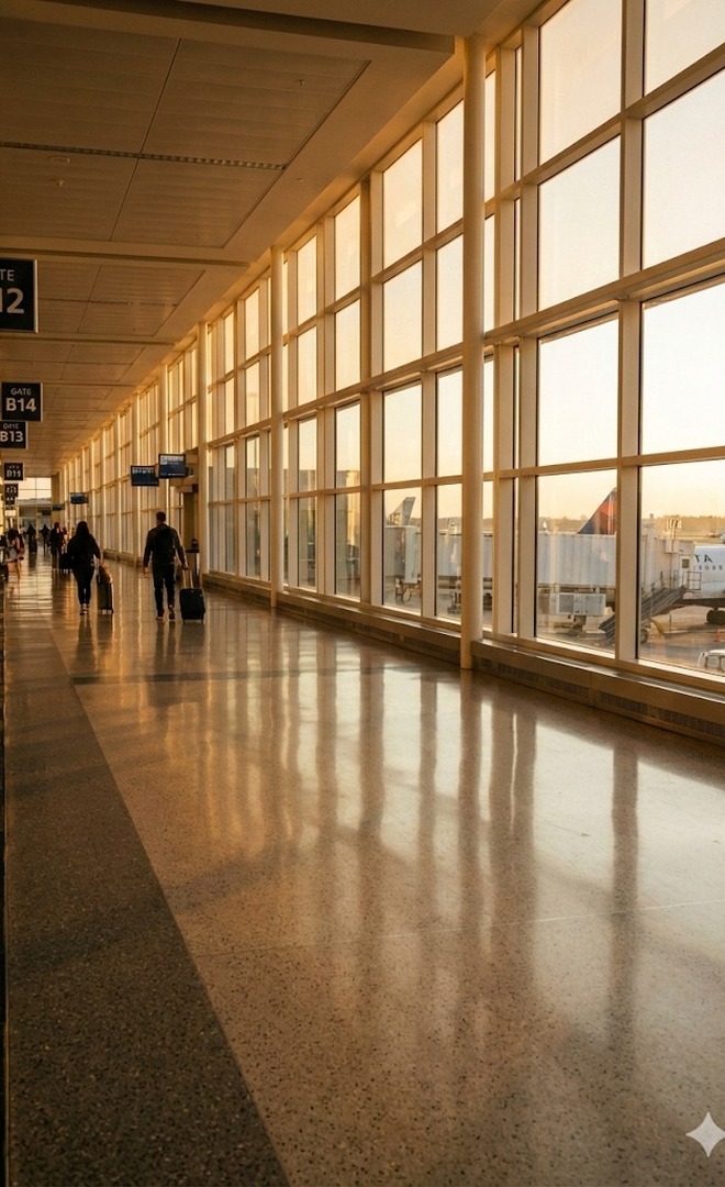 A long airport concourse in low evening light, windows down one side and gate signs overhead. Two travellers with wheeled luggage walk away from the camera in the middle distance.