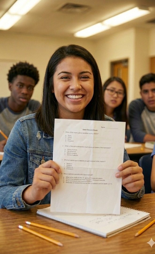 A smiling student in a classroom holding up a completed exam paper towards the camera, with classmates at desks behind her.