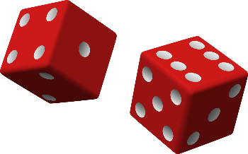 Two red dice with white pips, drawn as a flat illustration, one showing five and one showing six.