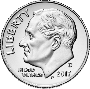 The obverse of a United States dime: Roosevelt in profile facing left, “LIBERTY” curved at the left and the date 2017.