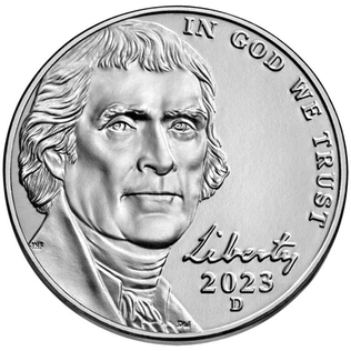 The obverse of a United States nickel: Jefferson facing forward, “Liberty” and the date 2023.