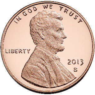 The obverse of a United States penny: Lincoln in profile facing right, “IN GOD WE TRUST” above and the date 2013.