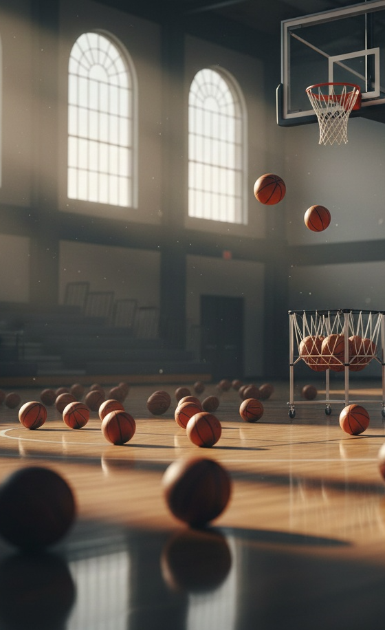 A sunlit gymnasium with dozens of basketballs scattered across the floor and two in mid-air near the hoop.