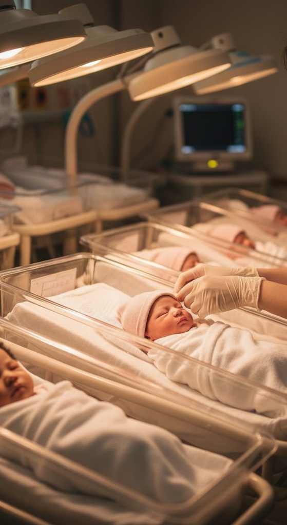 A hospital nursery with four newborns swaddled in white in clear bassinets under warming lamps, a gloved hand adjusting one baby’s cap.