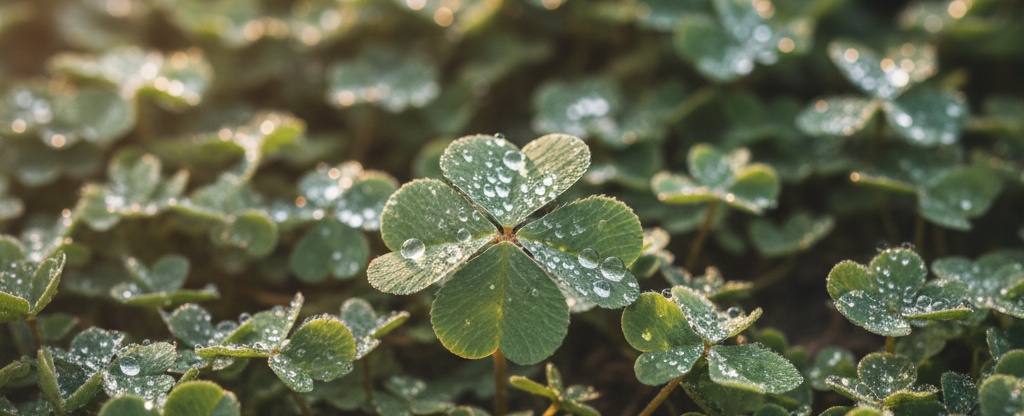 A single dew-beaded four-leaf clover standing out from a dense bed of ordinary three-leaf clover.