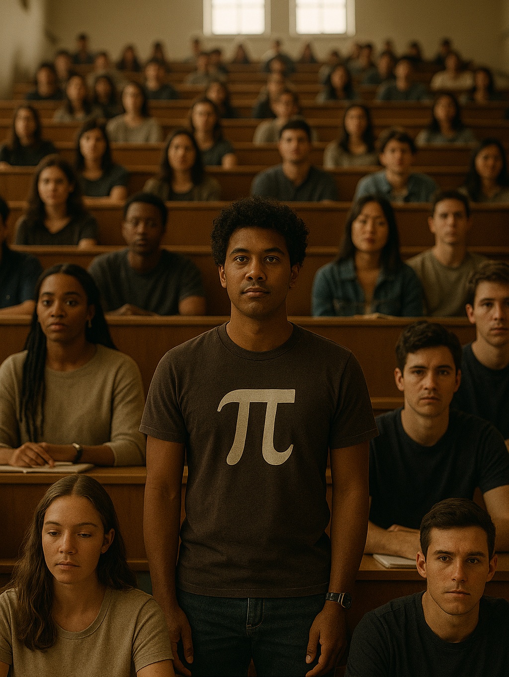 A tiered lecture hall full of seated students, with one student standing among them wearing a T-shirt printed with a large π.