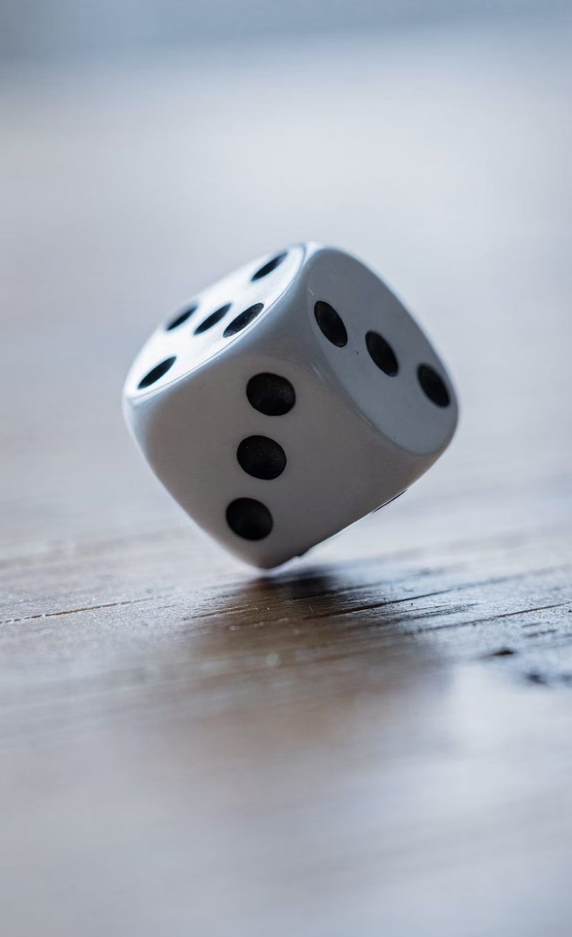 A white die with black pips tumbling across a wooden surface, caught mid-roll.