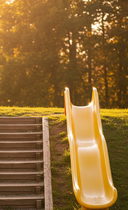 A concrete stairway climbing a grassy bank beside a yellow playground slide, low autumn sun behind them.
