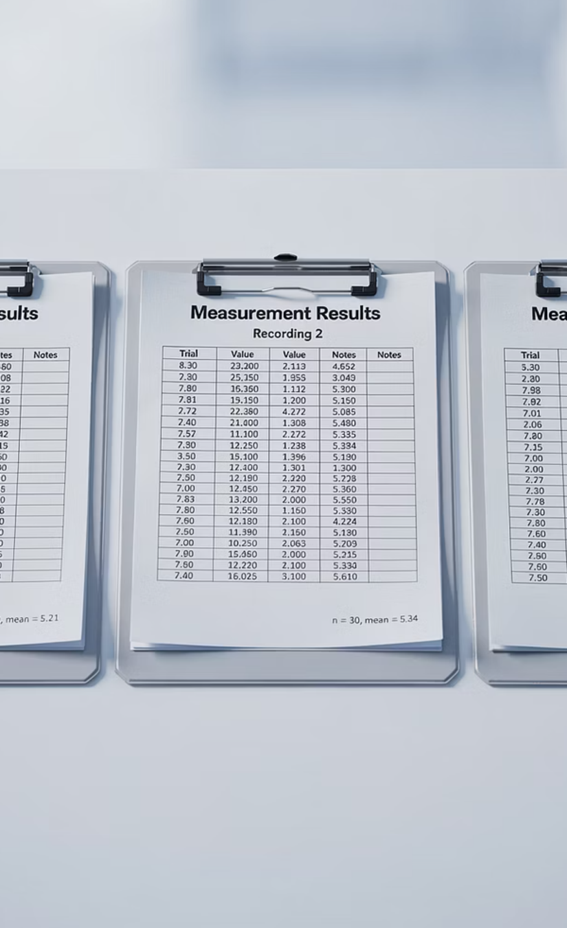 Three clipboards laid on a pale surface, each holding a printed sheet headed Measurement Results with columns of trial numbers and values.