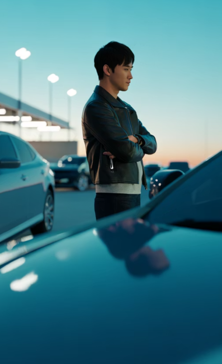 A young man in a jacket stands with folded arms beside a car at dusk, city lights behind him.
