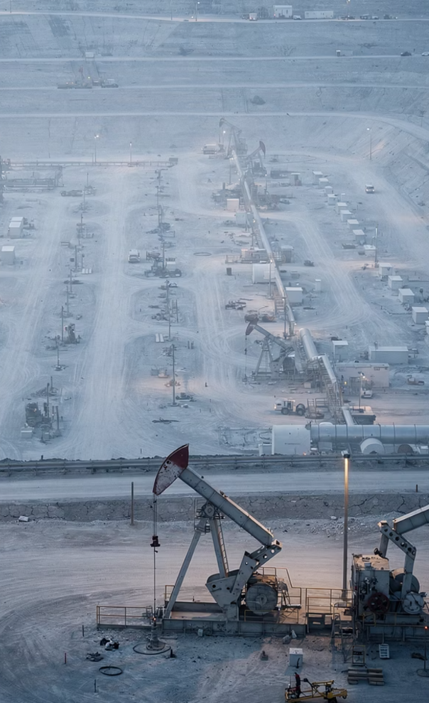 An aerial view of an oil field at dusk, a pump jack in the foreground and access roads and well pads running to the horizon.