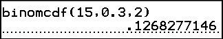 The TI-84 Plus display showing binomcdf(15,0.3,2) and its result, 0.1268277146.