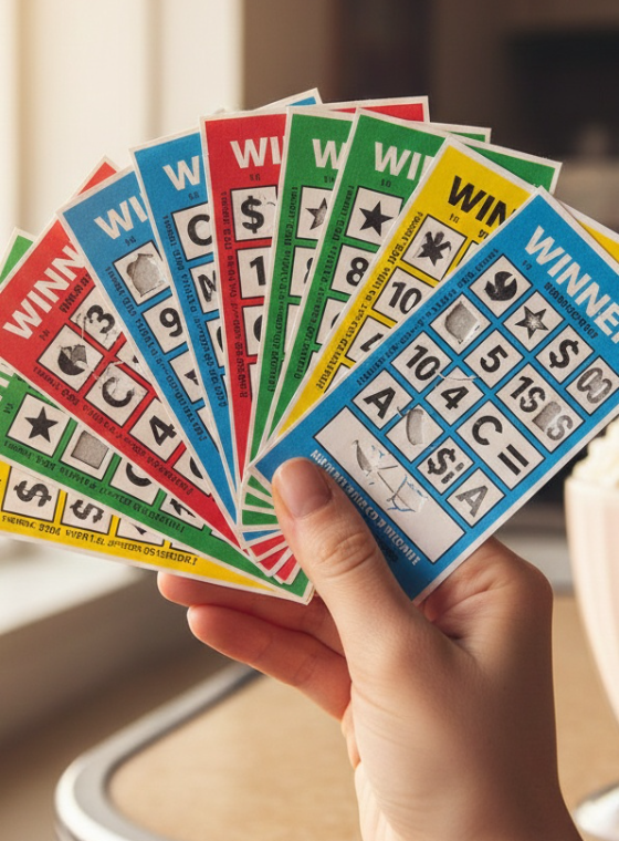 A hand fans out a dozen brightly colored scratch-off cards printed WINNER along their tops, held over a cafe table.