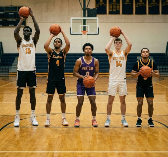 Five basketball players in different uniforms stand in a row on a gym court, each holding a ball at the set point of a free throw.