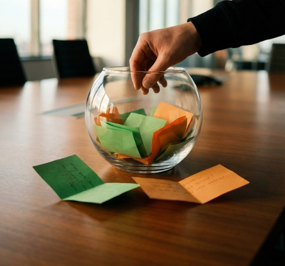 A hand reaches into a glass bowl of folded green and orange paper notes on a wooden table; two unfolded notes lie beside it.