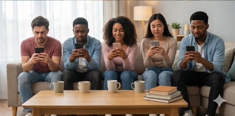 Five friends sit close together on a couch, each looking down at a phone, mugs on the table in front of them.
