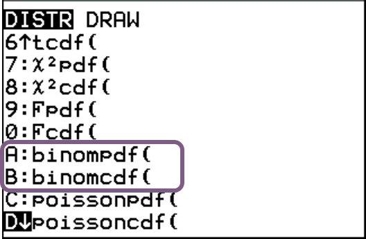 The TI-84 Plus DISTR menu, listing binompdf( as item A and binomcdf( as item B.