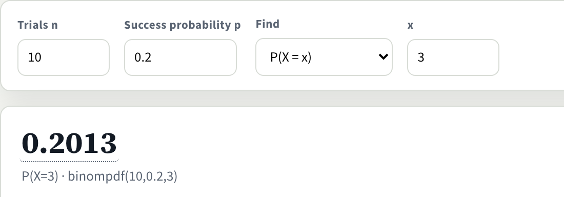 The Binomial tool with n = 10, p = 0.2, P(X = x) and x = 3; the result is 0.2013.