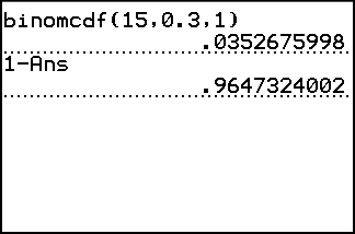 The TI-84 Plus display showing binomcdf(15,0.3,1) with result .0352675998, then 1-Ans with result .9647324002.