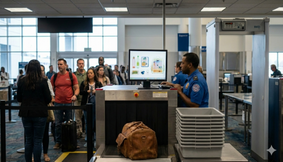 An airport security checkpoint: travelers wait with bags at an X-ray scanner while an officer watches a monitor.
