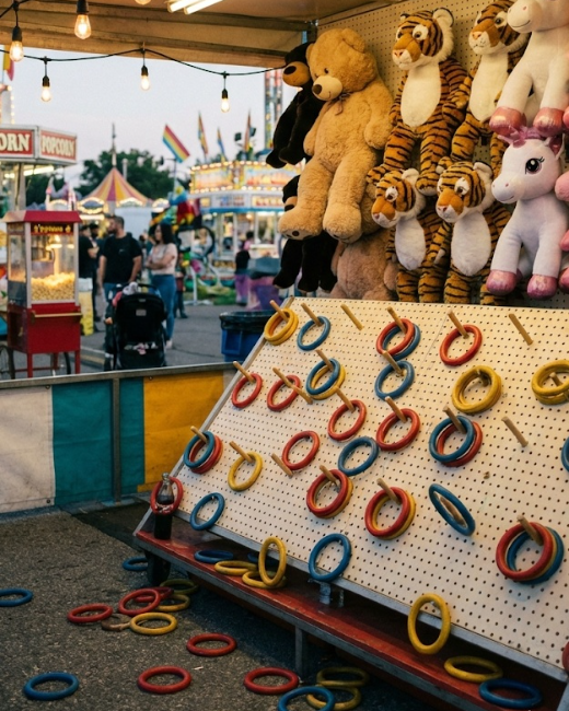 A carnival ring-toss booth: colored rings scattered over a pegboard and the ground, stuffed-animal prizes hanging above.