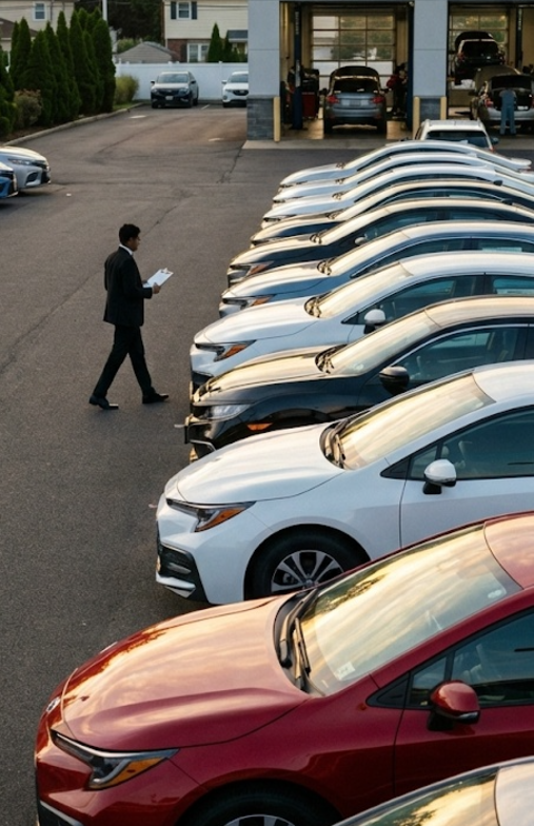 Rows of new cars parked outside a dealership service center at dusk; a man with a clipboard walks between them.