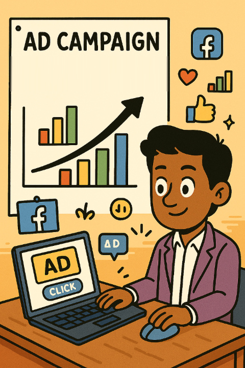 A cartoon of a young man at a laptop marked AD, beside a poster reading AD CAMPAIGN with a rising bar chart, and social-media icons around him.