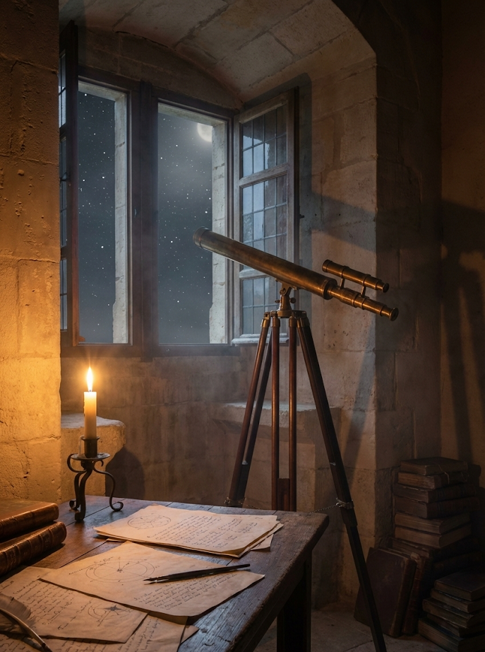 A dimly lit nineteenth-century observatory room with a telescope on a tripod beside a desk of instruments and papers.
