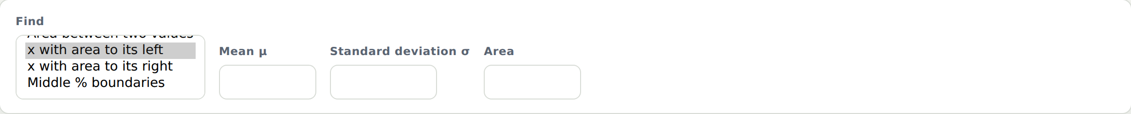 The Normal tool's Find menu scrolled to its last three choices: x with area to its left, x with area to its right, and Middle % boundaries. x with area to its left is selected, so the form shows Mean, Standard deviation and Area, all blank.