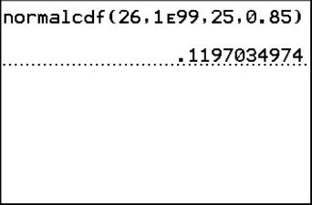 A TI-84 Plus home screen showing normalcdf(26,1E99,25,0.85) and its result, 0.1197034974.