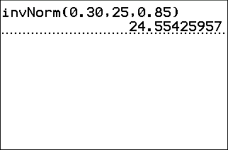A TI-84 Plus home screen showing invNorm(0.30,25,0.85) and its result, 24.55425957.