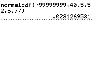 A TI-84 Plus home screen showing normalcdf(-99999999,40.5,52,5.77) and its result, 0.0231269531.