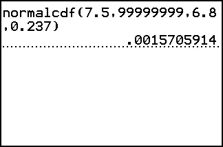 A TI-84 Plus home screen showing normalcdf(7.5,99999999,6.8,0.237) and its result, 0.0015705914.