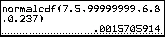 A TI-84 Plus home screen showing normalcdf(7.5,99999999,6.8,0.237) and its result, 0.0015705914.