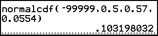A TI-84 Plus home screen showing normalcdf(-99999,0.5,0.57,0.0554) and its result, 0.103198032.