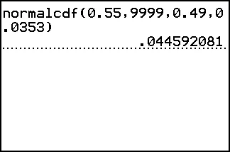A TI-84 Plus home screen showing normalcdf(0.55,9999,0.49,0.0353) and its result, 0.044592081.