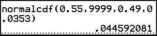 A TI-84 Plus home screen showing normalcdf(0.55,9999,0.49,0.0353) and its result, 0.044592081.