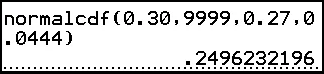 A TI-84 Plus home screen showing normalcdf(0.30,9999,0.27,0.0444) and its result, 0.2496232196.