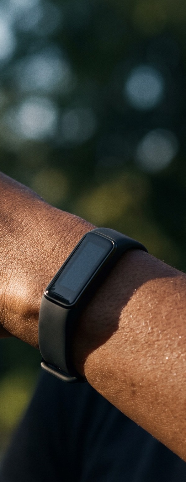 A runner's wrist wearing a slim fitness tracker.