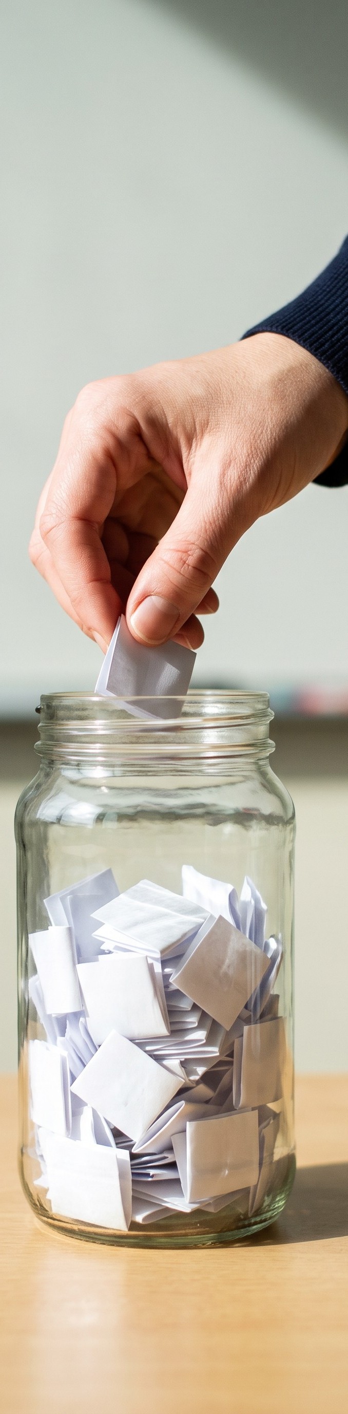 A hand lifts one folded paper slip from a glass jar filled with identical folded slips.