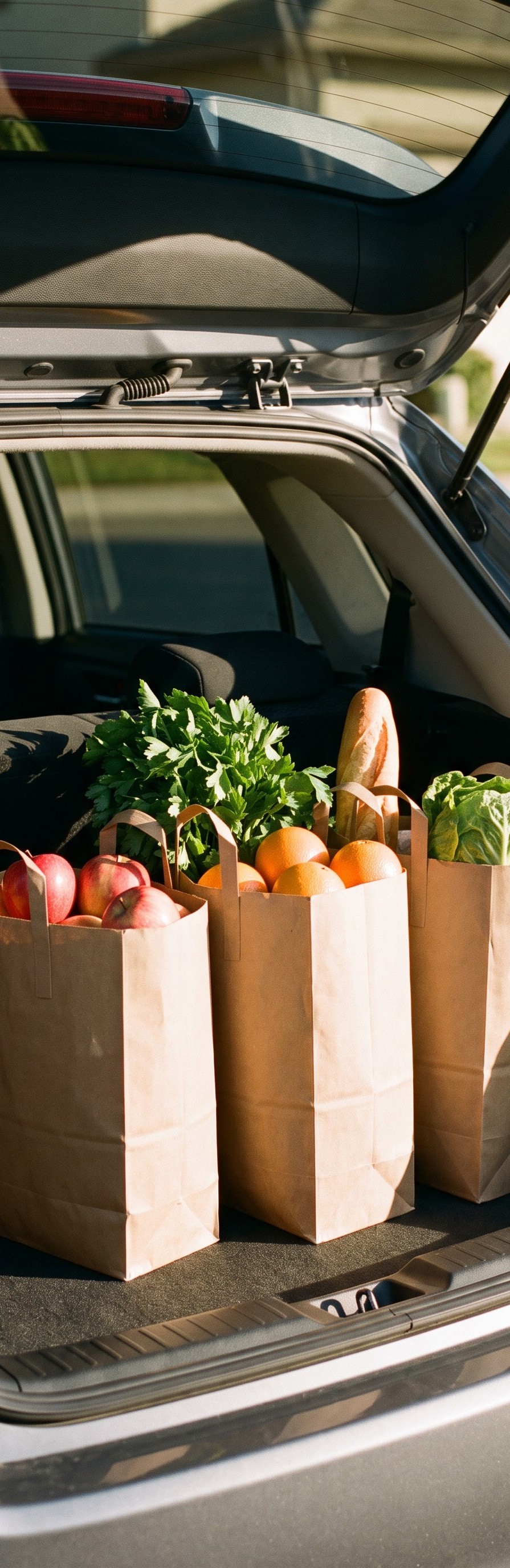 Paper grocery bags filled with apples, oranges, leafy greens, a baguette and lettuce sit in the open back of a car.