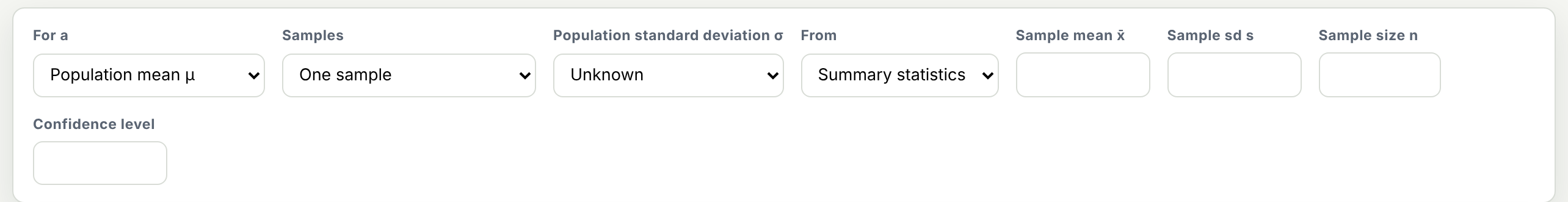 The Statistics Calculator's Confidence interval tool set to Population mean μ, One sample, population standard deviation σ Unknown, from Summary statistics, with the boxes for sample mean x̄, sample sd s, sample size n and confidence level empty.