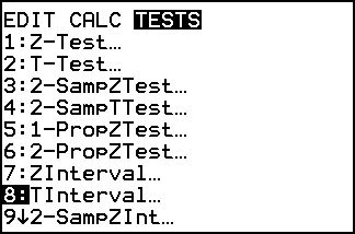 The TI-84 Plus STAT TESTS menu with 8: TInterval selected.