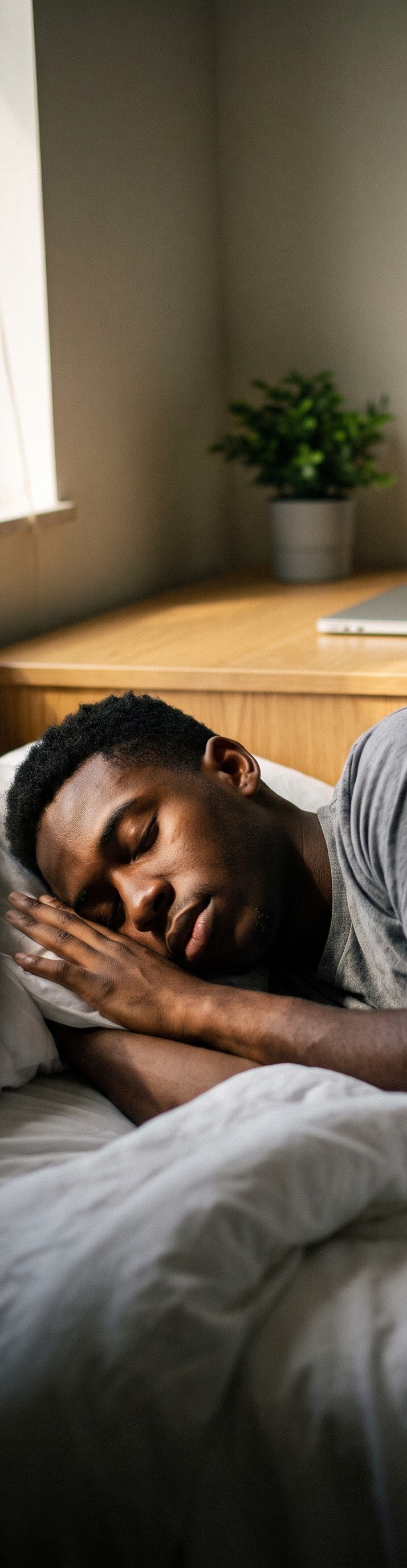 A young man sleeps on his side in a dorm bed with his head resting on his hand, a desk and a potted plant behind him.
