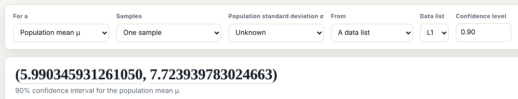 The Statistics Calculator's Confidence interval tool set to Population mean μ, One sample, σ Unknown, from a data list, L1, confidence level 0.90. The result: the 90% confidence interval for the population mean μ is (5.990345931261050, 7.723939783024663).