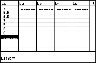 The TI-84 Plus list editor with seven values in L1: 7, 8.5, 6.5, 7, 5, 8 and 6.