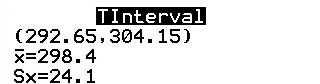 A TI-84 Plus TInterval result screen: (292.65,304.15), x-bar = 298.4, Sx = 24.1.
