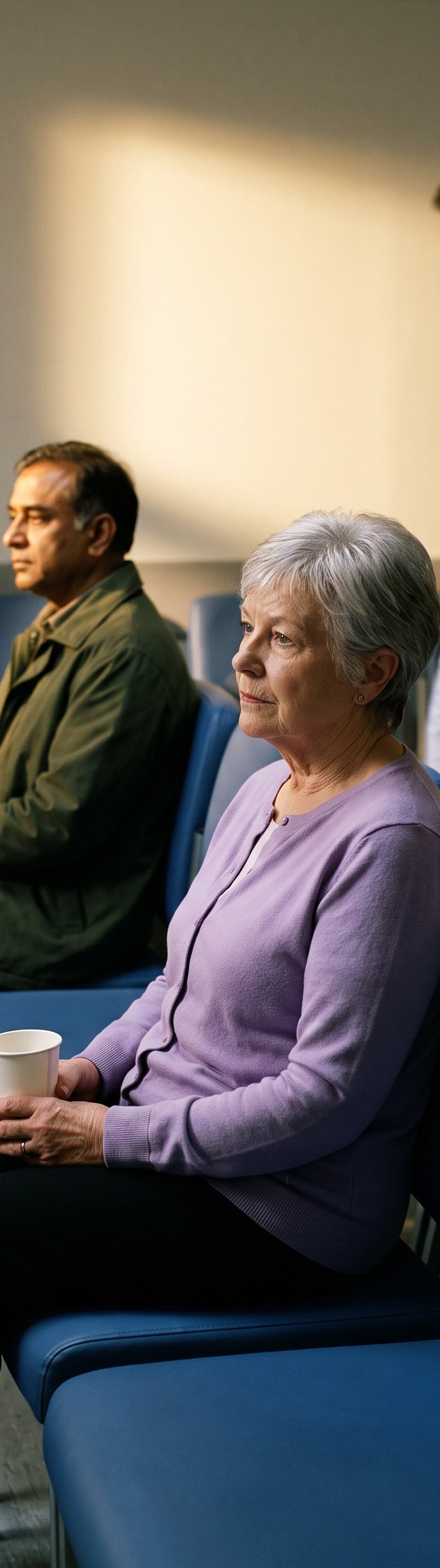 Two people sit quietly in a row of chairs in a hospital waiting area, one of them holding a paper cup.